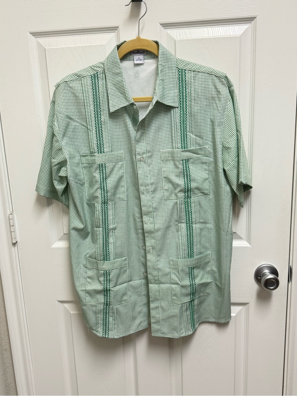 Blue Quail Green Checkered Button Down Guayabera Shirt
